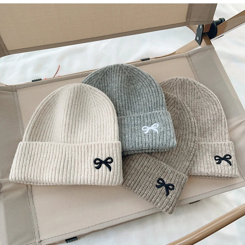 Écharpes coréennes avec nœud brodé pour enfants, bonnet doux pour enfants, chapeau épais pour filles et garçons, casquette chaude imbibée d'hiver, chapeaux mignons, 2 pièces