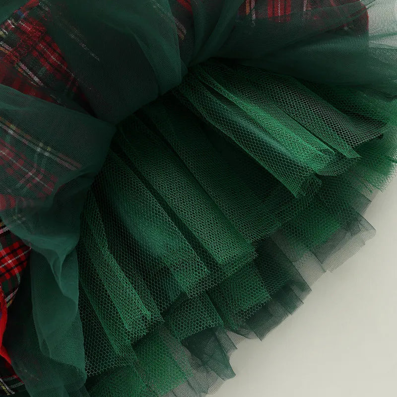 Robe de noël pour petites filles, vêtements d'automne et d'hiver, imprimé à carreaux, manches longues, col rond, volants, Tulle, Patchwork, robe trapèze