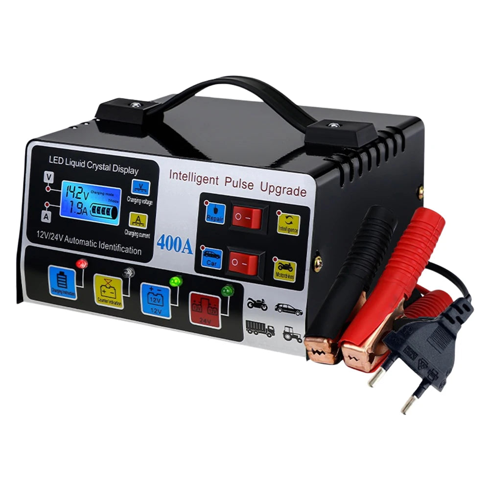 High-power car battery charger, fast charger, intelligent pulse repair, automatic shut-off, 400A, 12V, 24V, 220W