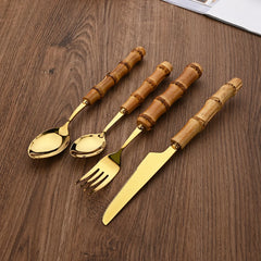 Couverts en acier inoxydable avec manche en bambou naturel, 24 pièces, service de table, couteau à steak