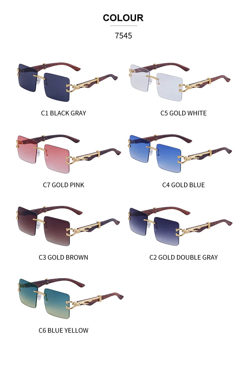 Frameless square wooden sunglasses for men and women, vintage, fashionable, luxury, retro, 2023
