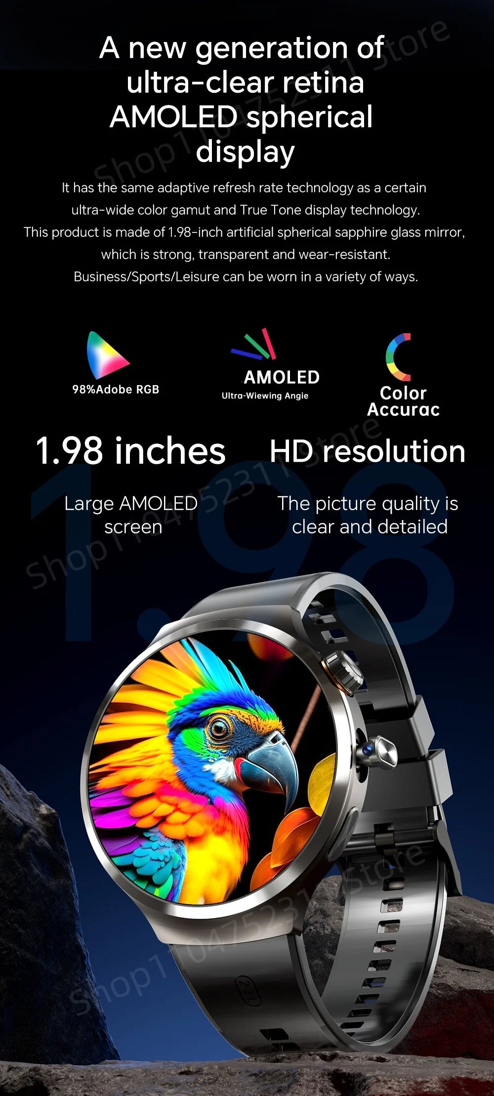 Smartwatch avec grand écran Amoled 1,98 pouces 210 °   Caméra rotative GPS Position surveillance de la santé Android 13.0 montre intelligente hommes