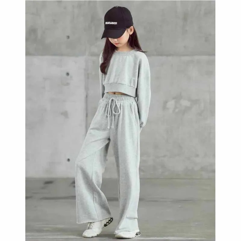 Girls' solid color outfit set, long-sleeved cropped sweater and pants, 2 pieces, new spring-autumn fashion, casual suit for children aged 4 to 12 years