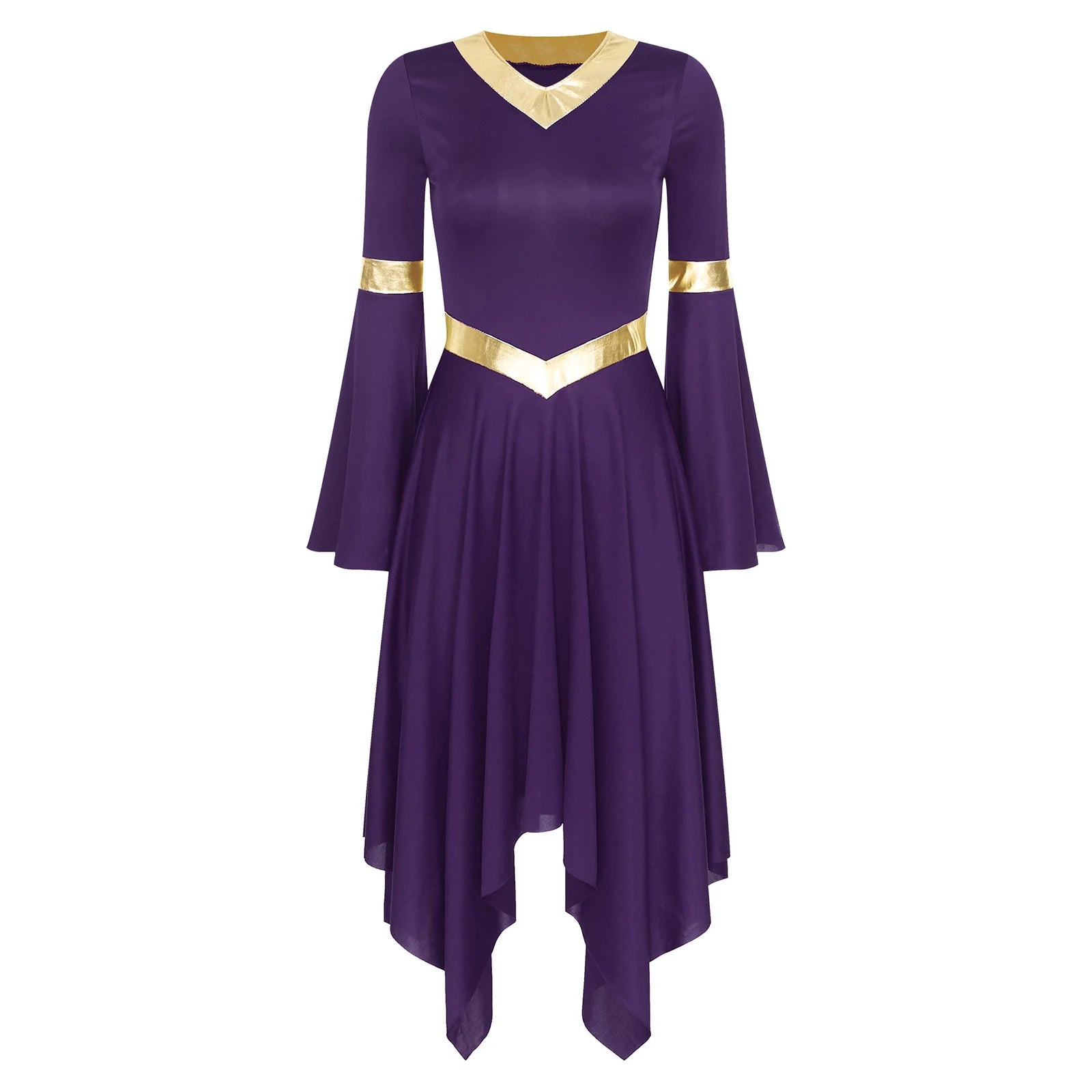 Robe de danse lyrique à manches longues pour femmes, robe à ourlet irrégulier, costume de spectacle liturgique, vêtements de danse modernes, culte de la chorale d'église