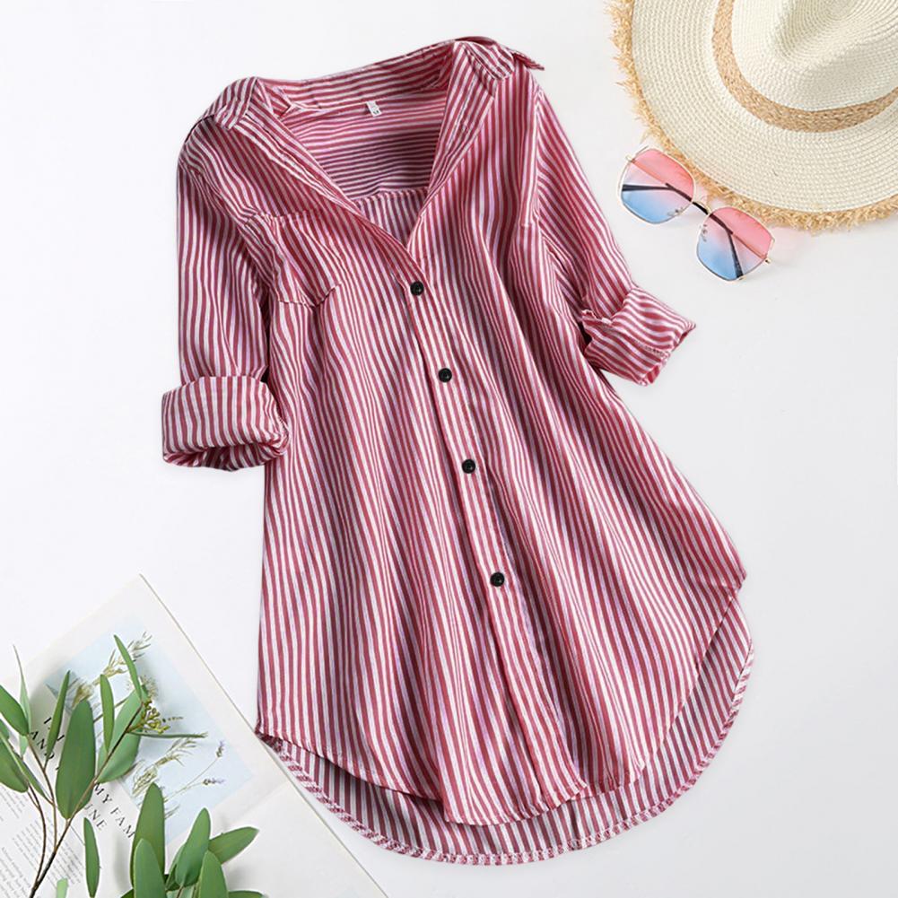 Chemisier Tunique Femme Rayé à Manches Longues Col V Mi-long Col Rabattu Coupe Ample Décontracté Élégant Été Tailles M-4XL