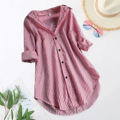 Chemisier Tunique Femme Rayé à Manches Longues Col V Mi-long Col Rabattu Coupe Ample Décontracté Élégant Été Tailles M-4XL
