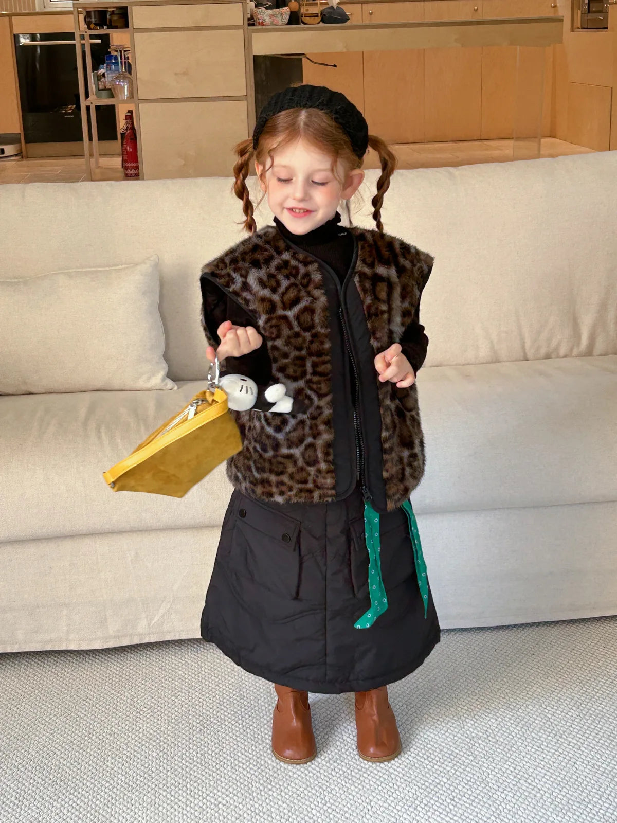 Manteau d'hiver pour filles, nouvelle mode, style occidental, fourrure intégrée, imprimé léopard, gilet en fourrure, tenue chaude quotidienne, 2025