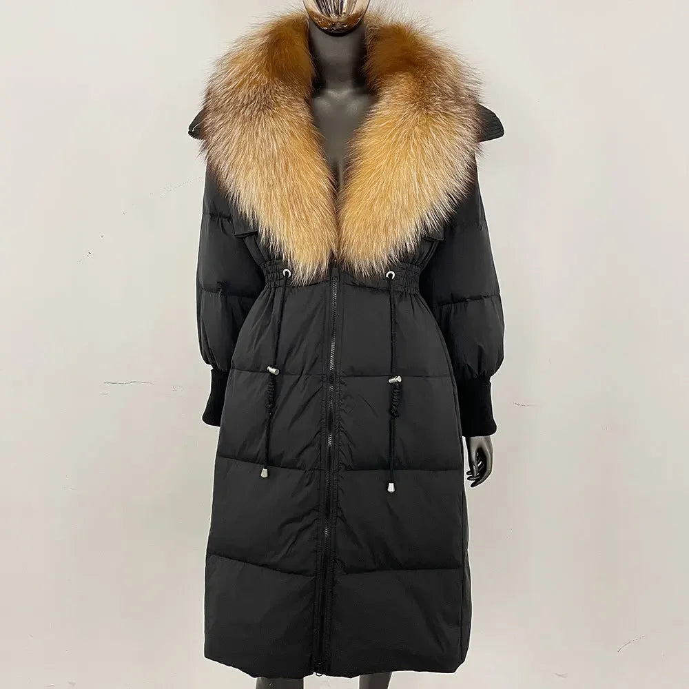 Doudoune longue avec col en fourrure pour femme, pardessus en fourrure de renard, longueur aux genoux, à la mode, chaude, cintrée à la taille, vêtements d'extérieur amincissants