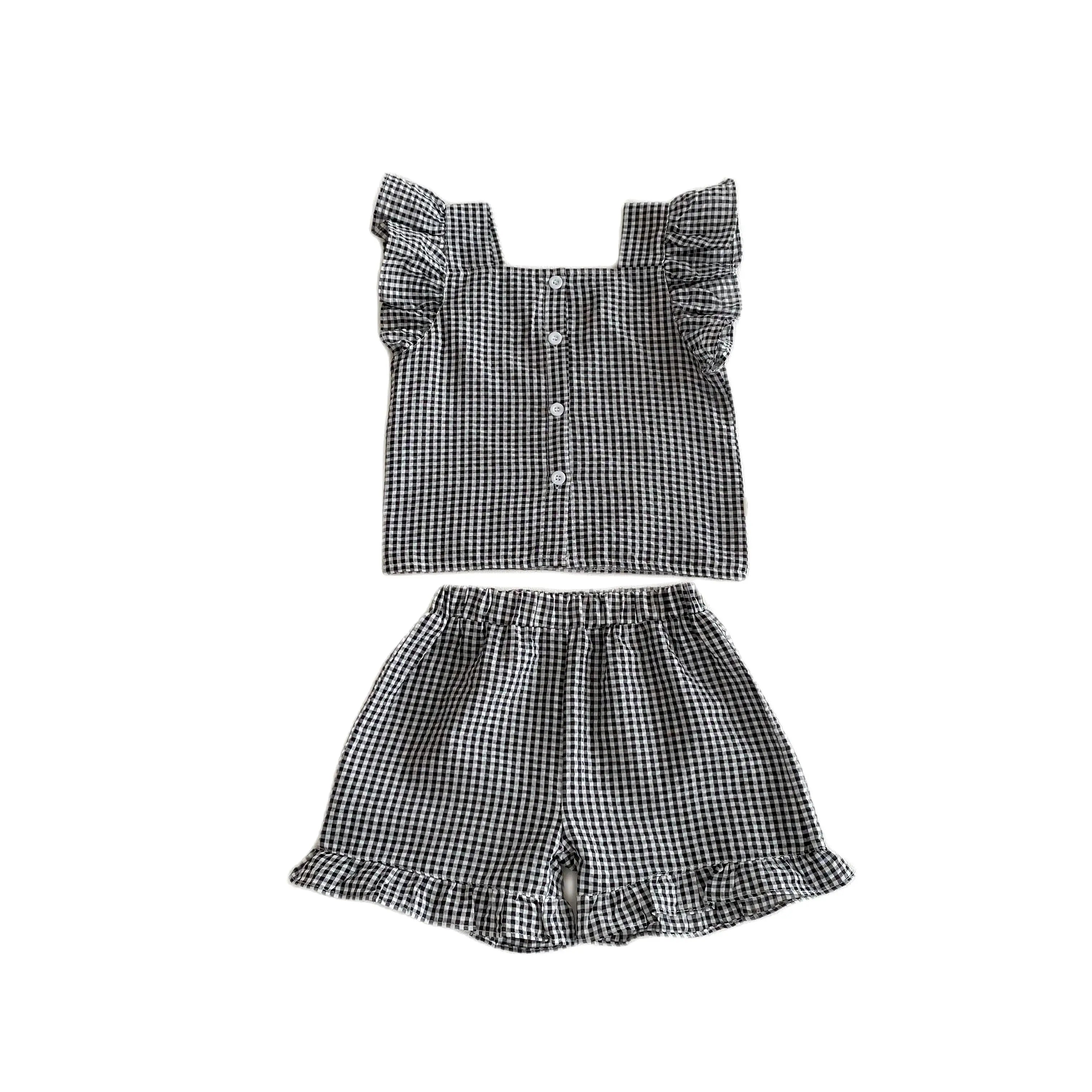 Tenue d'été pour enfants de 2 à 6 ans, vêtements pour bébés filles, chemisiers sans manches à carreaux + short, ensemble deux pièces
