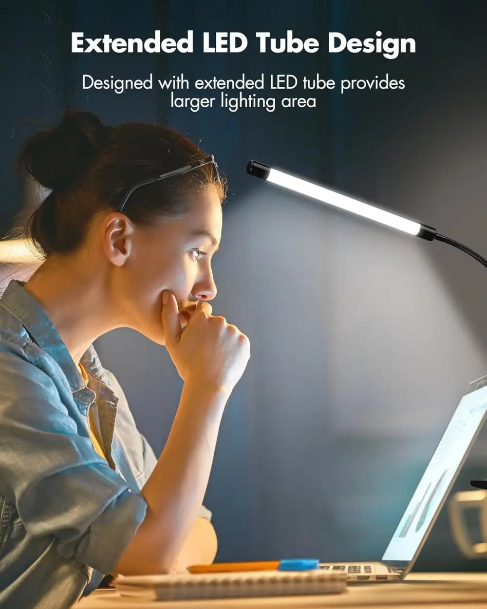 LED desk lamp with clip, dimmable reading lamp, 3 color temperatures, 10 brightness levels, USB clip-on table lamp