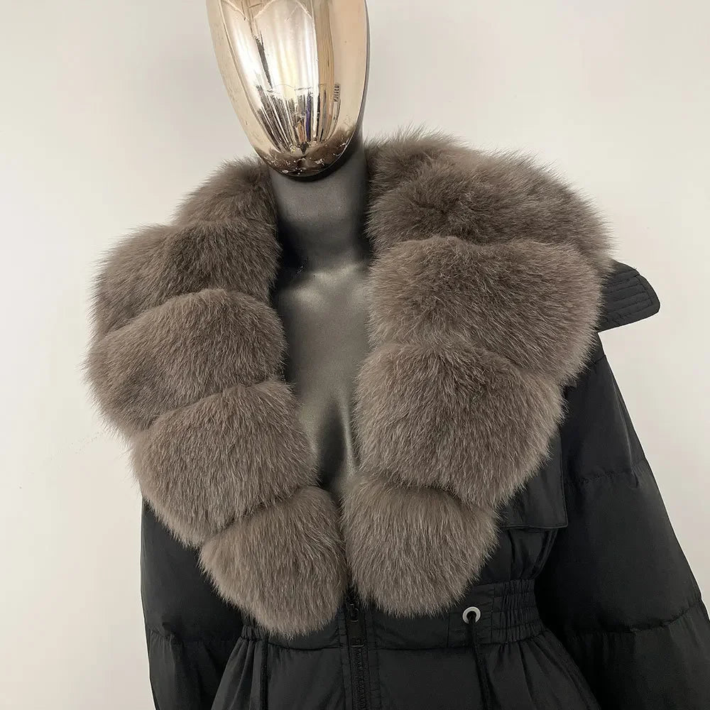 Doudoune longue avec col en fourrure pour femme, pardessus en fourrure de renard, longueur aux genoux, à la mode, chaude, cintrée à la taille, vêtements d'extérieur amincissants