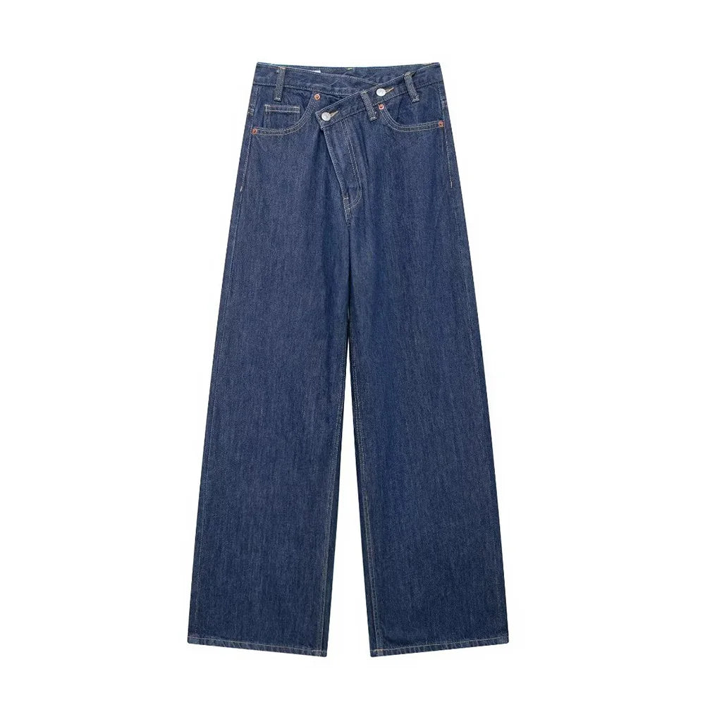 Jeans asymétriques à taille haute et à jambes larges pour femmes nouveaux modèles de base mode polyvalente pantalons droits pantalons
