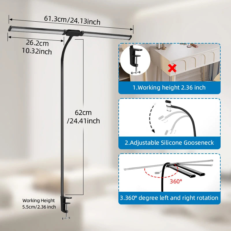 Lampes de bureau LED à double tête, lumière de moniteur d'ordinateur à intensité variable en continu, lampe de table USB pour étude de bureau, luminaire de lecture  lumiere bureau  lampe ecran ordinateur