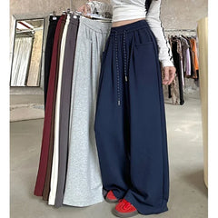 Women's High-Waisted Wide-Leg Pants, Chic, Grey, Navy Blue, Korean Style, Versatile, Drawstring, Wide Legs, Baggy, Autumn