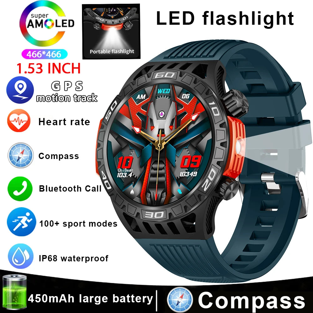 Montre intelligente étanche avec éclairage LED pour homme, boussole, tracker de fitness sportif, IP68, Bluetooth, conversation, Android, iOS