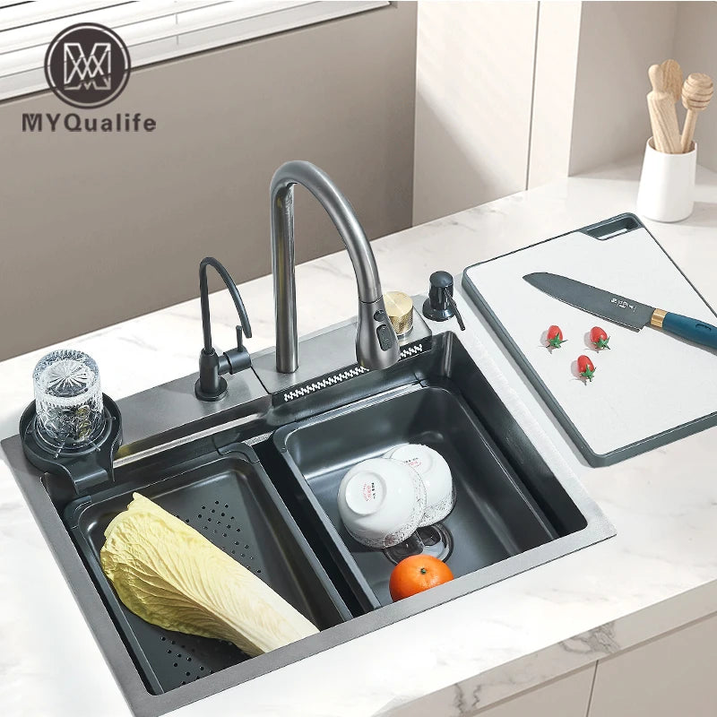 Évier de cuisine cascade en acier inoxydable 304, grand fente unique intégrée, ensemble de robinets 60x45cm, distributeur de savon/eau Pure/laveuse de tasses