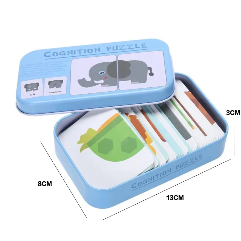 Bébé enfants Cognition Puzzles jouets enfant en bas âge boîte de fer cartes correspondant jeu cartes cognitives véhicule fruits animaux vie ensembles paire Puzzles