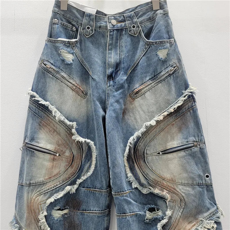 DEAT 2025 Autumn New Fashion Patchwork Burls Cargo Denim Pants for Women High Waist Loose Wide Leg Fashionable Jeans 11A06257
