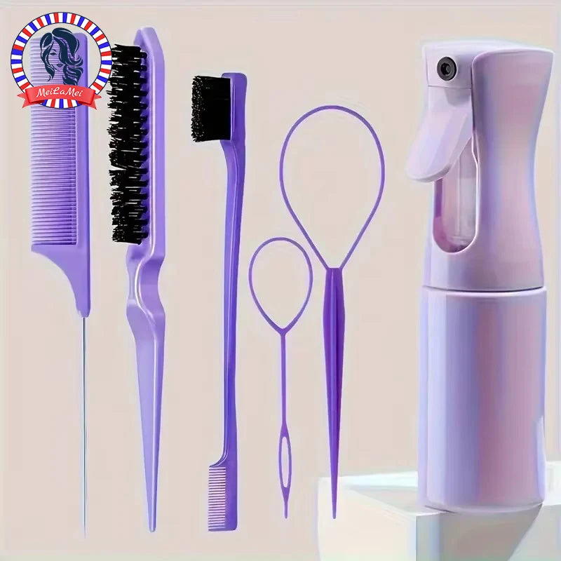 Hairbrush set, spray bottle, braiding loop, rat tail comb, teaser, edge brush, curly hair accessories, 6 pieces
