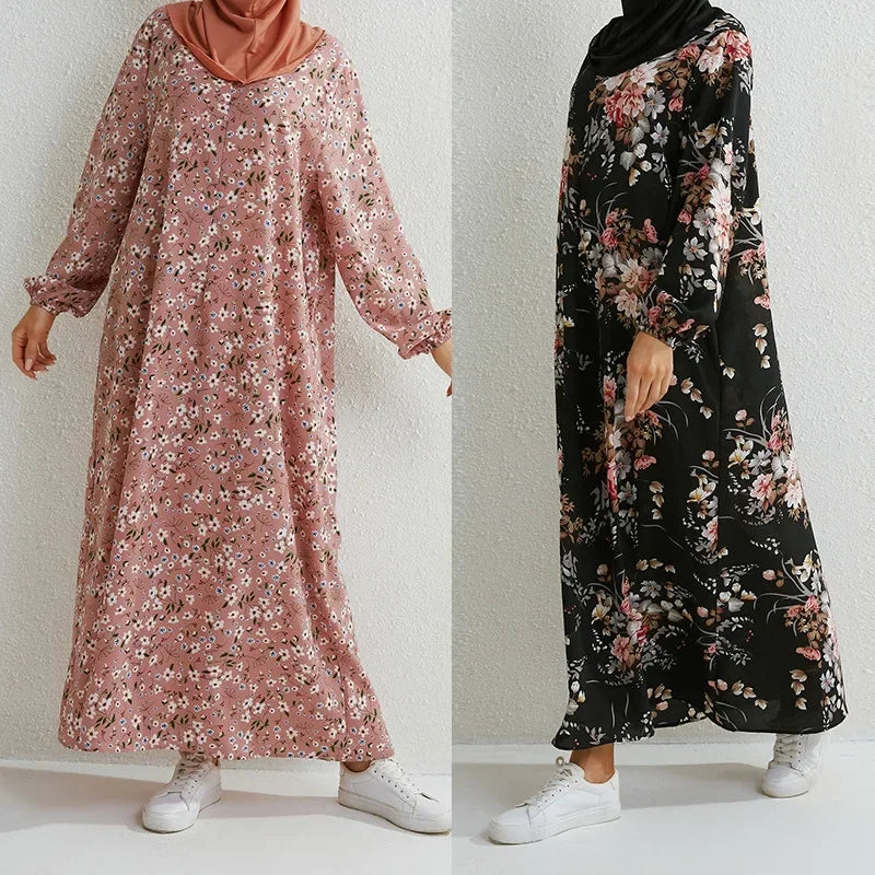 Women's Pop Eid Muslim Abaya Ramadan Moroccan Arabic Pockets Long Floral Dress Dubai Caftan Islamic Abayas Zippers Casual Dresses