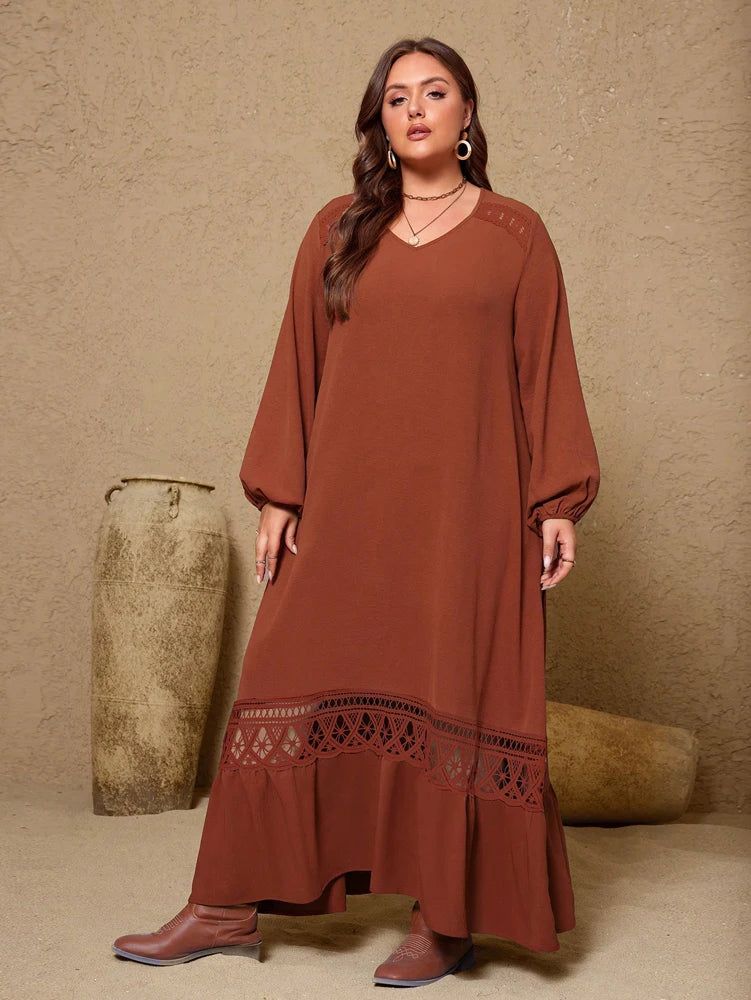 Plus Size Women's 2025 New Brown V-Neck Fashion Casual Dresses Belt Lace Long Elegant Casual Dignity Party