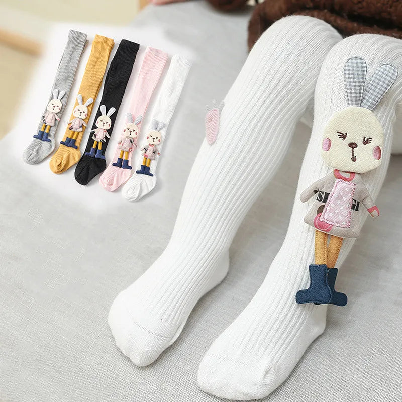Knitted tights for girls, solid color children's tights, cartoon rabbit design, soft cotton, children's tights, autumn/winter, sizes 1-7T, pants, new