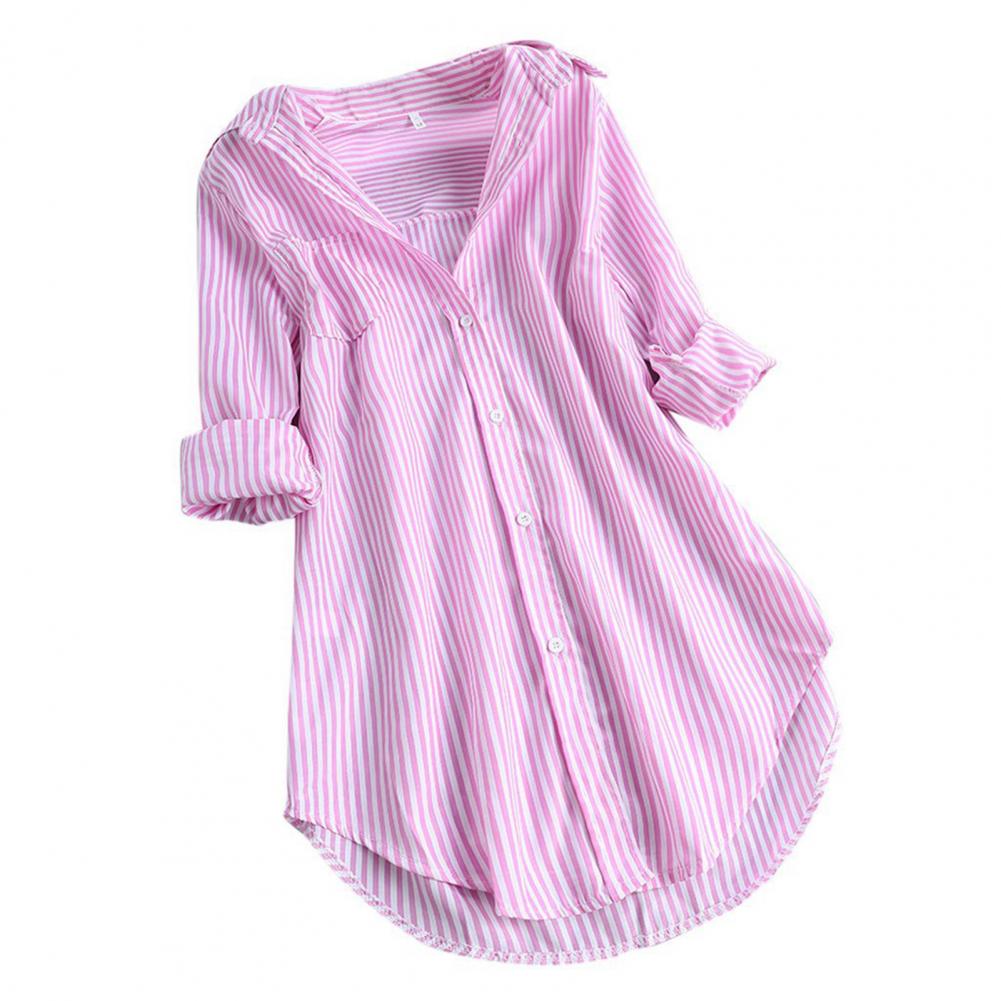 Chemisier Tunique Femme Rayé à Manches Longues Col V Mi-long Col Rabattu Coupe Ample Décontracté Élégant Été Tailles M-4XL
