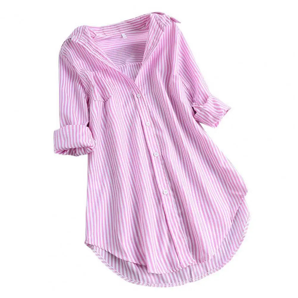 Chemisier Tunique Femme Rayé à Manches Longues Col V Mi-long Col Rabattu Coupe Ample Décontracté Élégant Été Tailles M-4XL