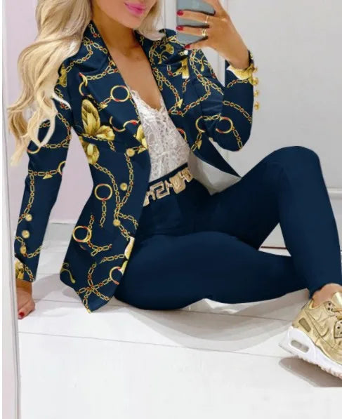 Women's Casual Striped Printed Suit, Office Lady Coat and Pant Set, Elegant Fashion Long Sleeve Top, Trousers, Two Piece Set, Female Outfit, 2023