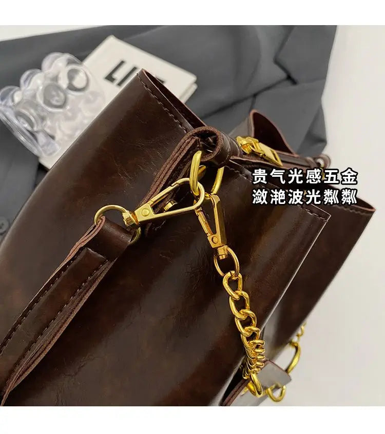 Women's PU leather chain bucket bag, Korean style handbag, shoulder bag, 2025 
