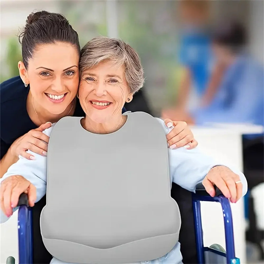 Grands bavoirs imperméables en Silicone pour adultes, de qualité alimentaire, avec poche, aide à l'alimentation, pour hommes et femmes âgés, accès aux vaisselle Portable