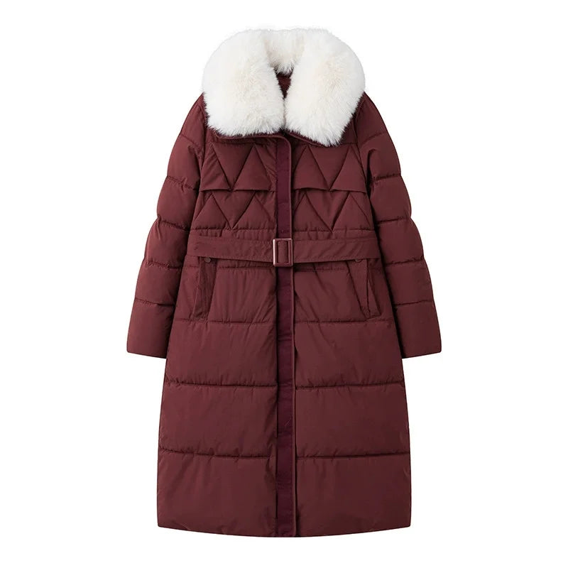 Parka d'hiver à col en fourrure pour femme, veste x-longue rembourrée en coton, manteau épais et chaud, Streetwear avec ceintures, vêtements d'extérieur Slim, à la mode, 2025