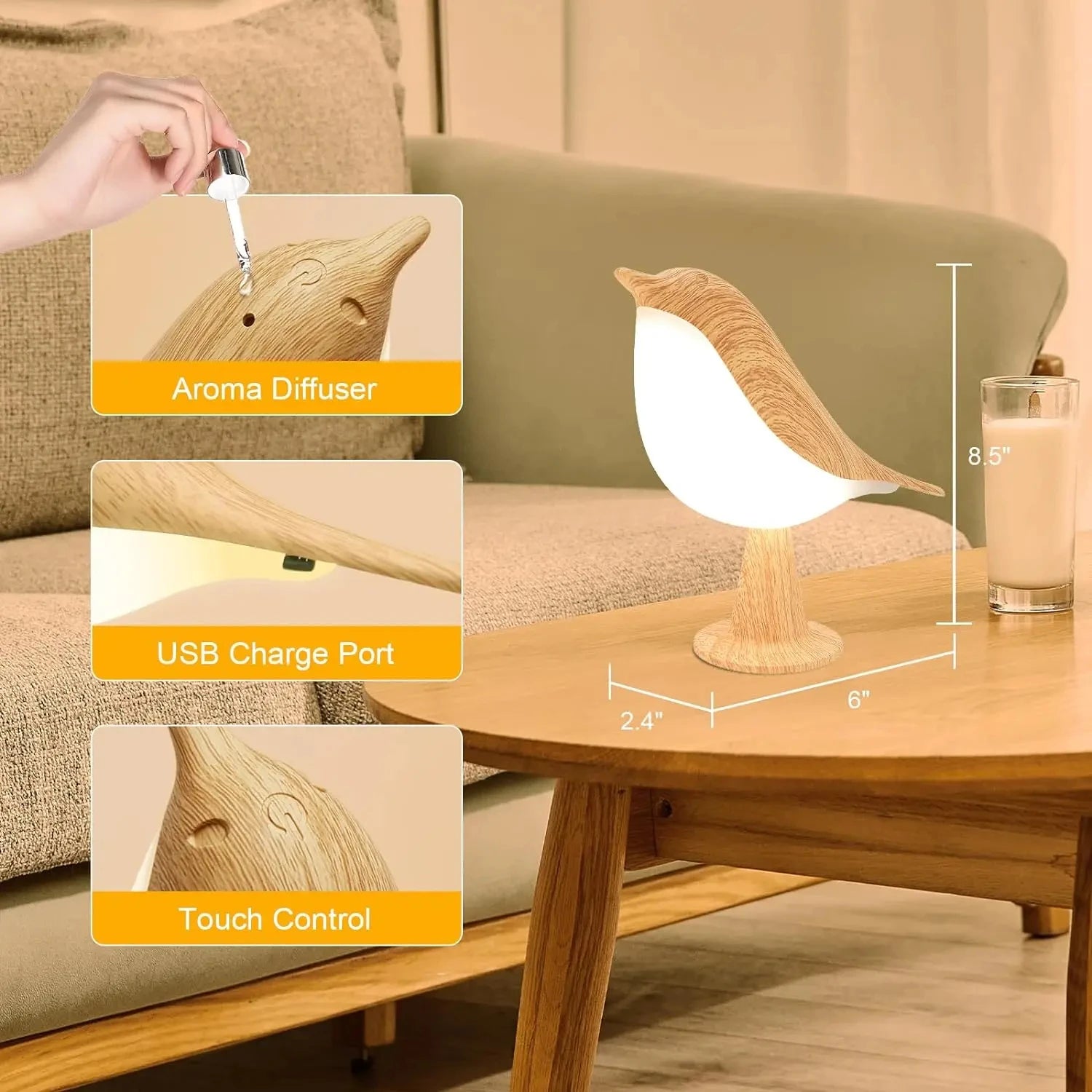Petite lampe de bureau, lampe d'oiseau lampes de chevet avec 3 températures de couleur et capteur tactile, lampe sans fil veilleuse pour enfants