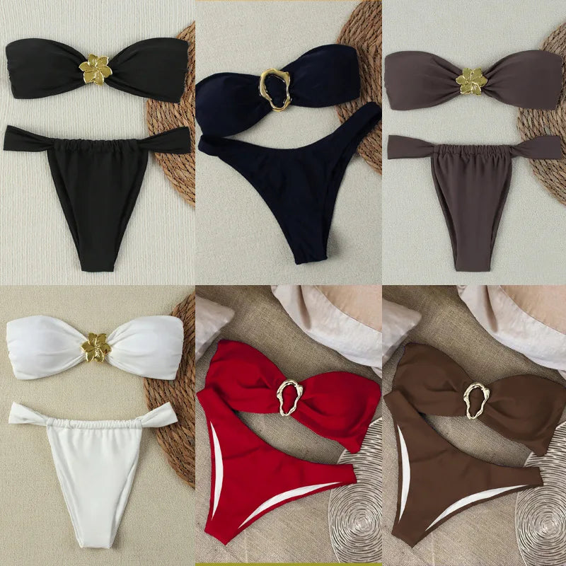 "2025 Sexy push-up bandeau bikini set - Brazilian string swimsuit for women" 
