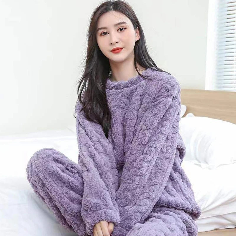 Women's warm, thick velvet pajama set, sweater and pants, bedding sets, warm, smiling, monochrome, casual, autumn, 2 pieces