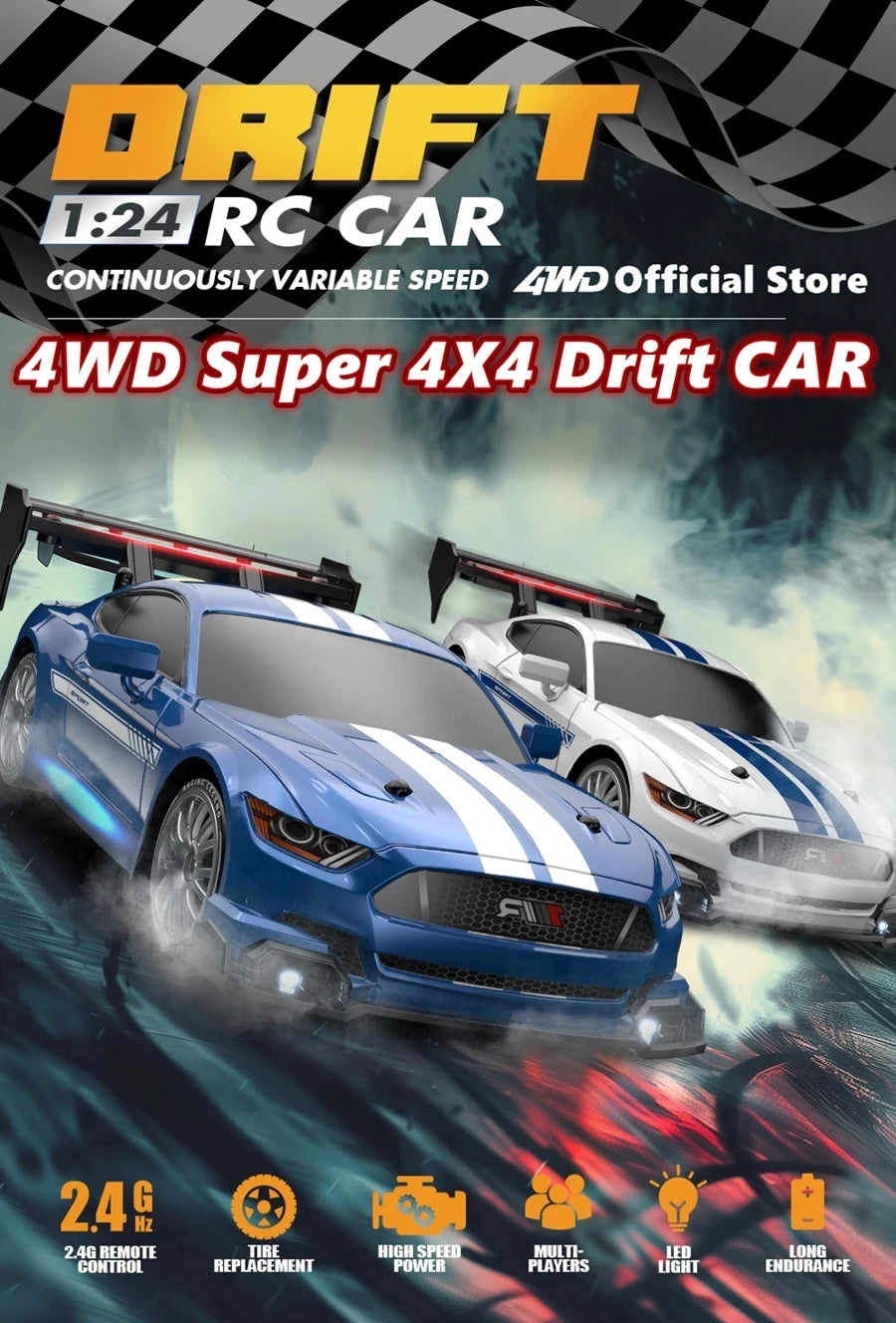 4WD RC Drift Car, High-Speed ​​Remote Control Racing Vehicle with LED Lights, 2.4GHz Radio, 4x4 Off-Road Truck, Children's Toy