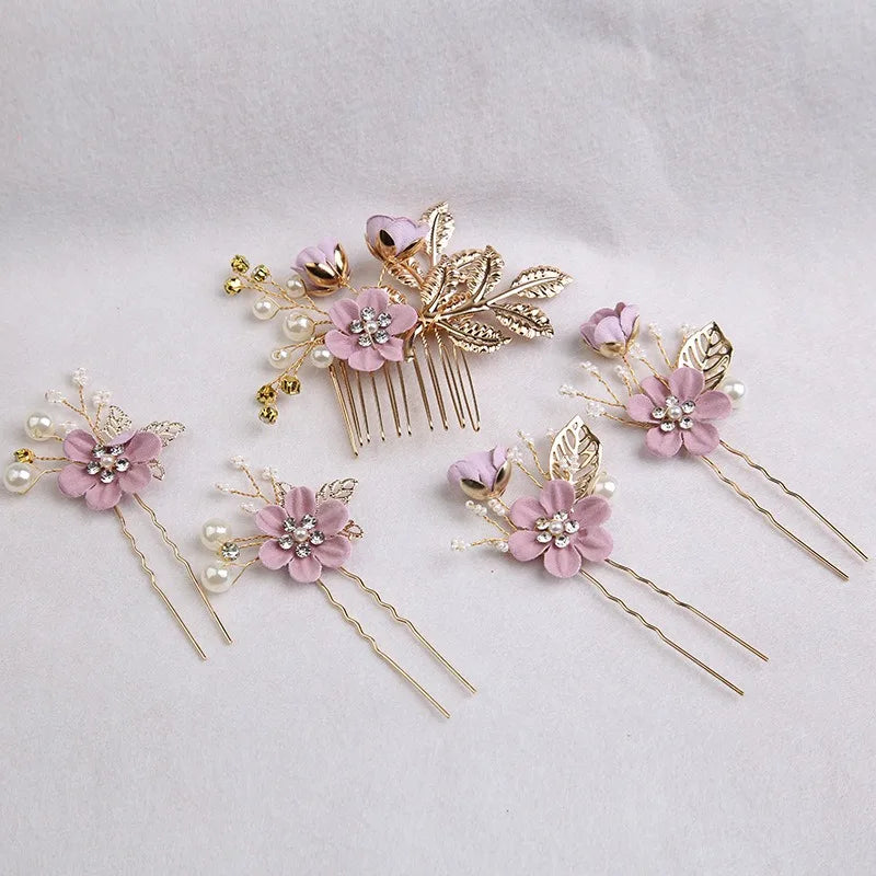 5 pièces/ensemble accessoires de cheveux de mariée pour femmes fleur perle casque diadème Barrette de mariage pince épingles à cheveux mariée peignes ornement