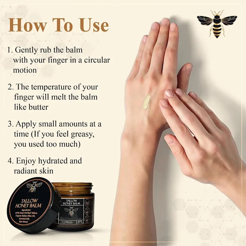 Baume Tallow de boeuf alimenté en herbe biologique, crème hydratante au miel cru pour une peau douce et lisse, hydratant entièrement naturel fait à la main