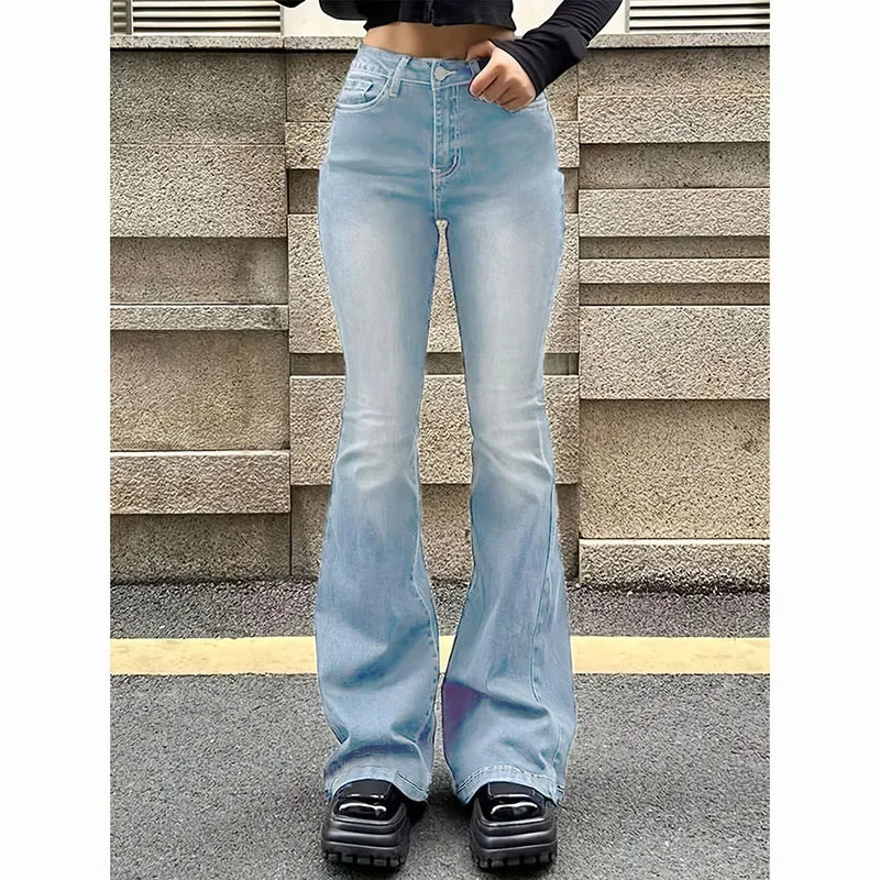 Girls' high-waisted flared jeans, stretch denim pants, bootcut fit, solid color, narrow bell leg, 2025