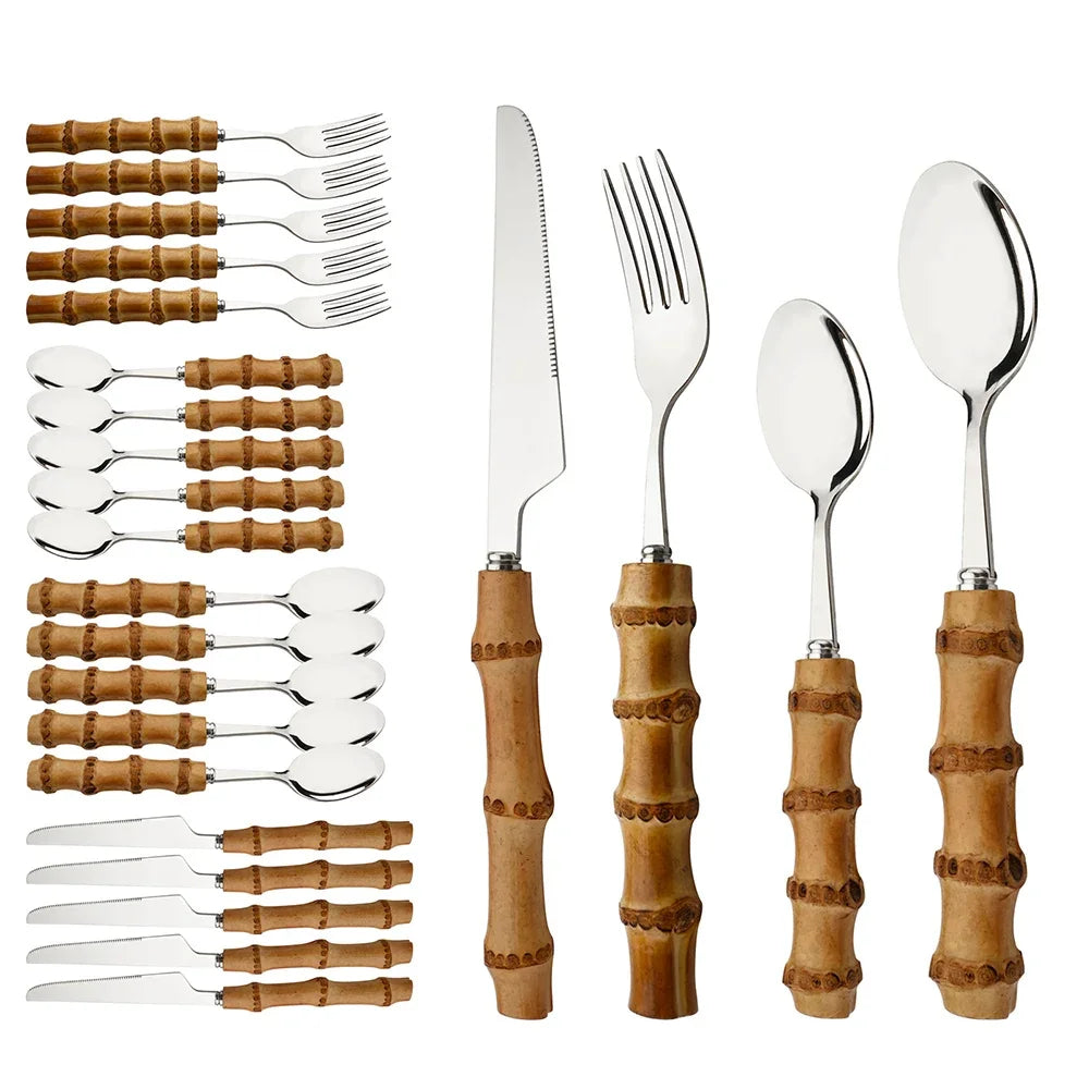 Couverts en acier inoxydable avec manche en bambou naturel, 24 pièces, service de table, couteau à steak