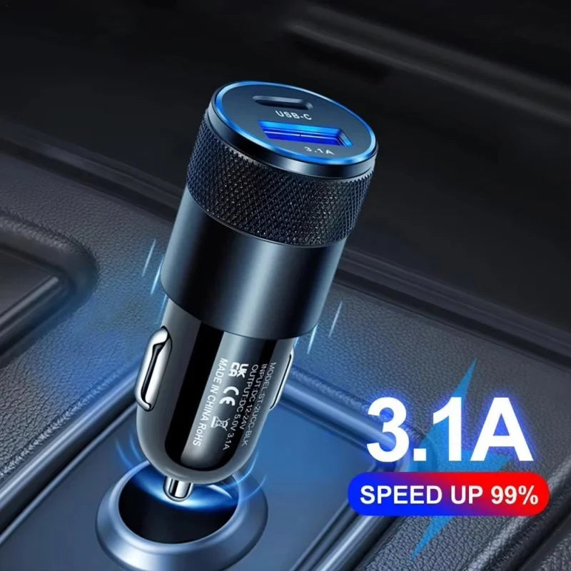 15W USB + PD petit canon en acier chargeur de voiture en alliage d'aluminium en métal chargeur de voiture 3.1A chargeur de voiture de téléphone portable