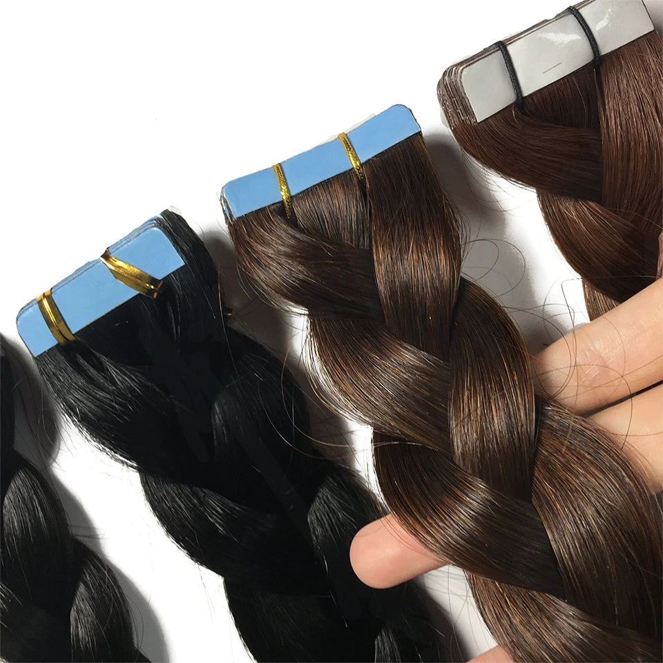 Bande dans les Extensions de cheveux humains droits Extensions adhésives de cheveux brésiliens trame de peau noir brun 100% vrais cheveux humains pour les femmes