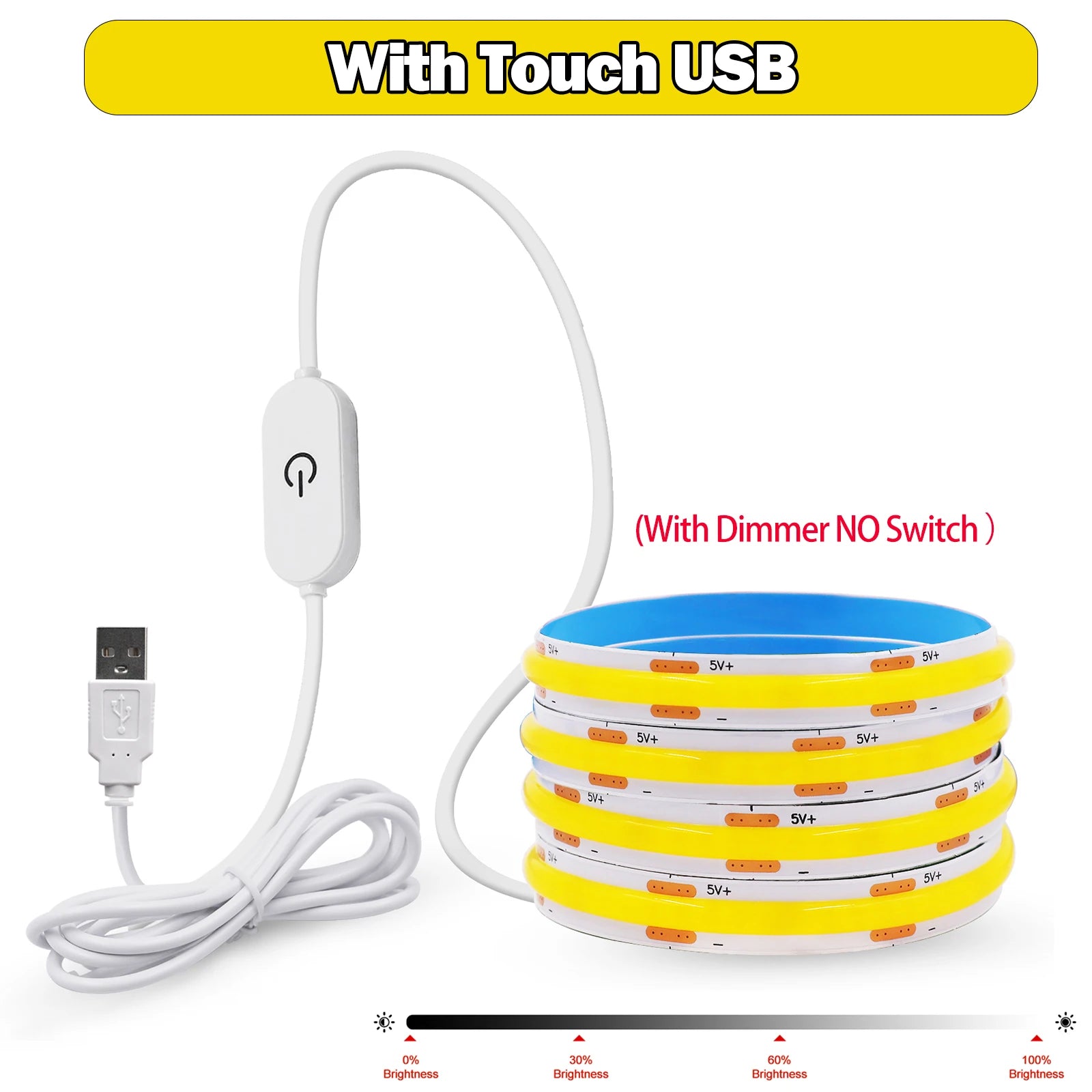 5V USB LED Strip Light, 320 LEDs/M COB, Dimmable Touch Sensor Switch/Push Switch, DIY, TV Mirror, Backlighting, Night Light for Room