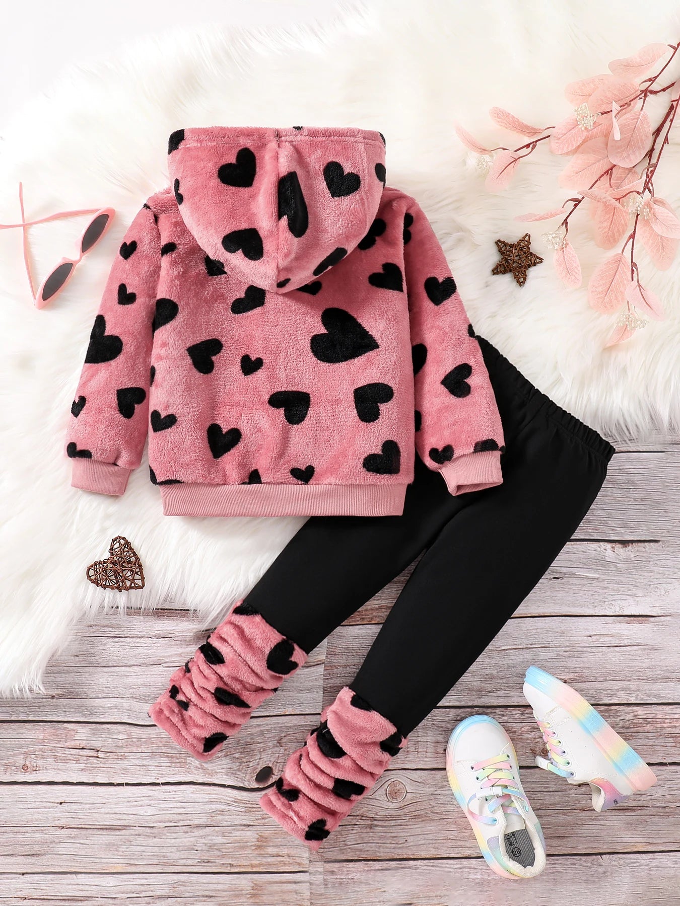 Spring and winter girls' casual home fashion 2-piece micro stretch warm comfortable love plush hooded top + stretchy tight pants