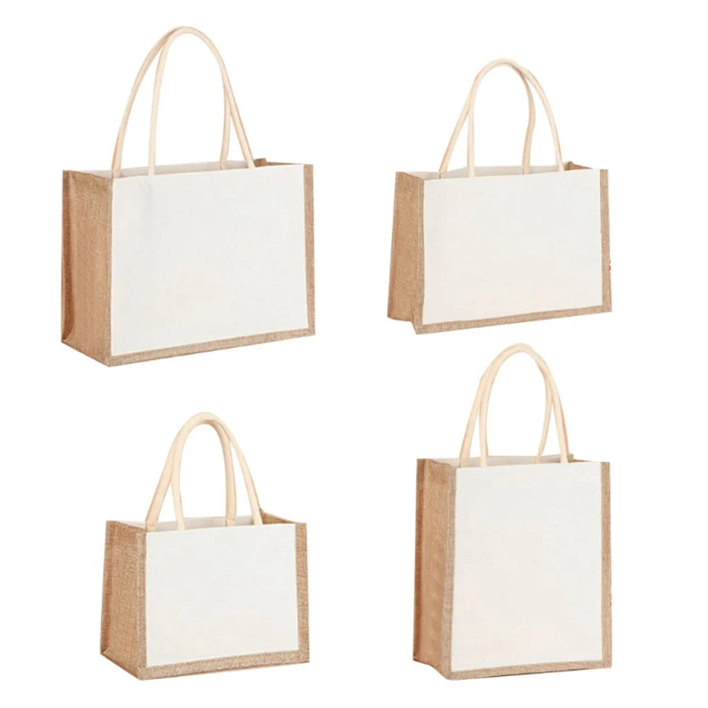 Sac fourre-tout en toile de jute réutilisable vintage, sacs en lin faits à la main, sacs à main portables pour dames, sac d'épicerie, sac cadeau d'anniversaire et de mariage