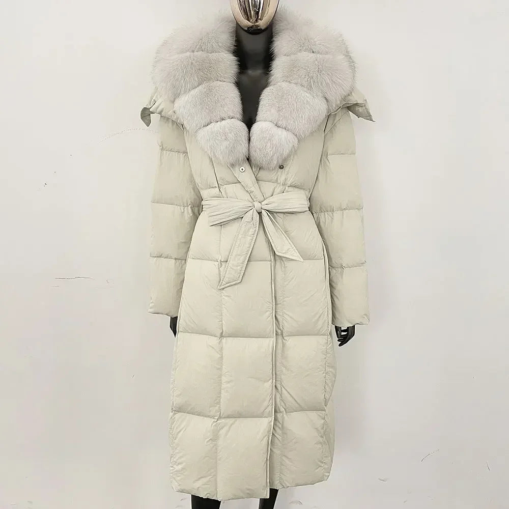 Veste d'hiver chaude et élégante pour femme, avec ceinture à capuche, simple boutonnage, col en vraie fourrure de renard, manteau épais et ample en duvet de canard blanc