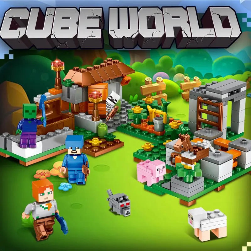 Blocs de construction de puzzle pour enfants, toboggans de village, grottes, mines, villes de chevaux, chats, léopards, jungles, jouet éducatif pour