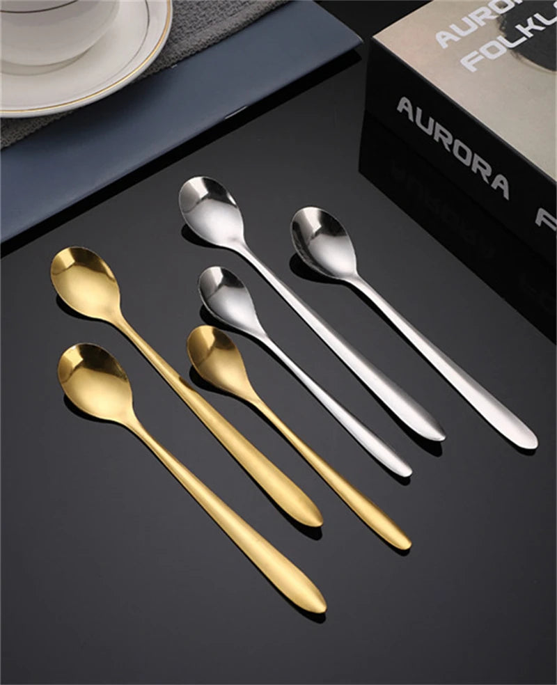 Round, gold-plated stainless steel teaspoons with long handles, for cupcakes, fruit, coffee, honey, desserts, Assad spoon, Britware