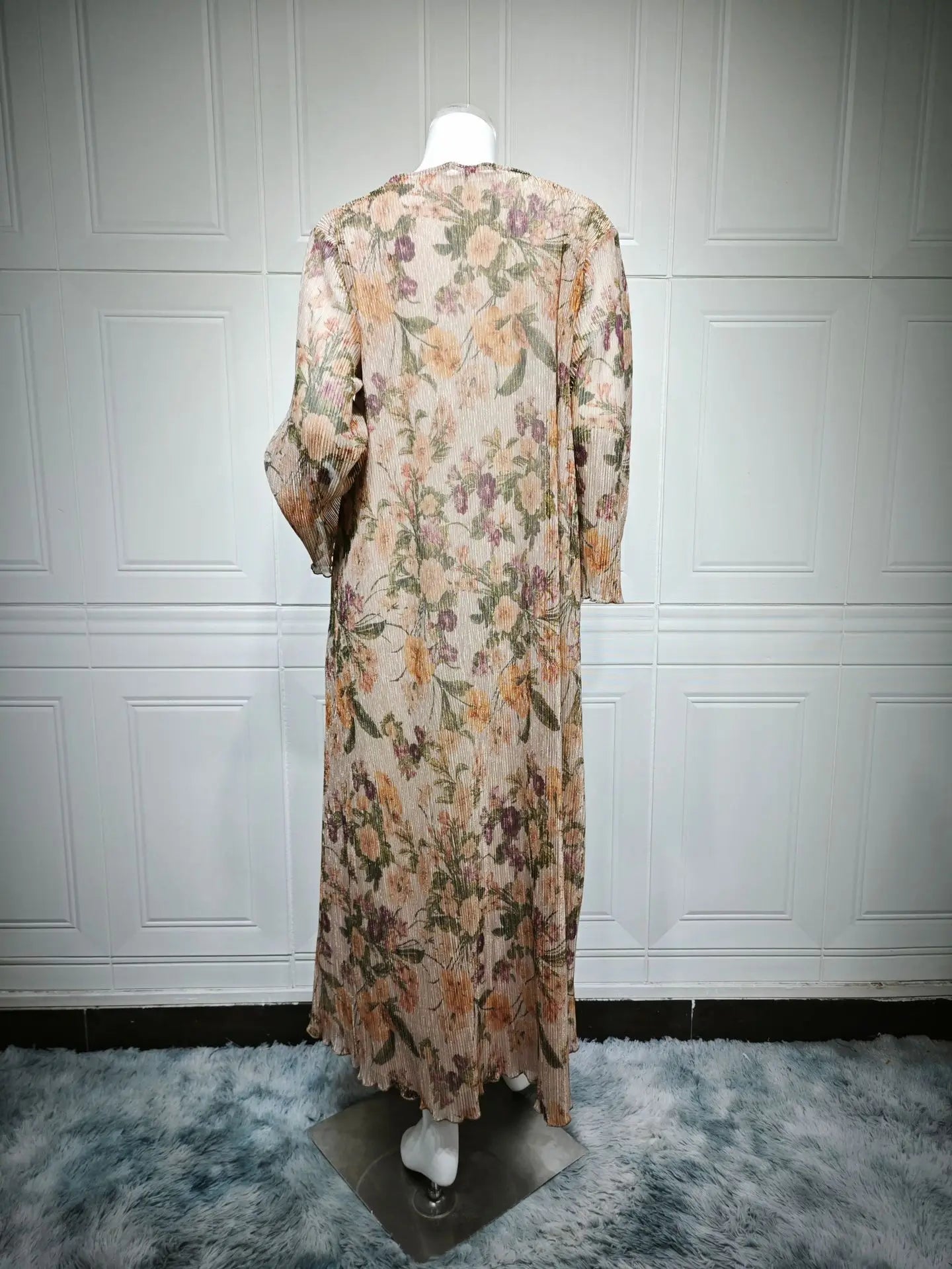 Luxury Dubai Women's Abaya Hijab Included Muslim Elegant Floral Print Pleated Open Long Sleeve Cardigan Caftan