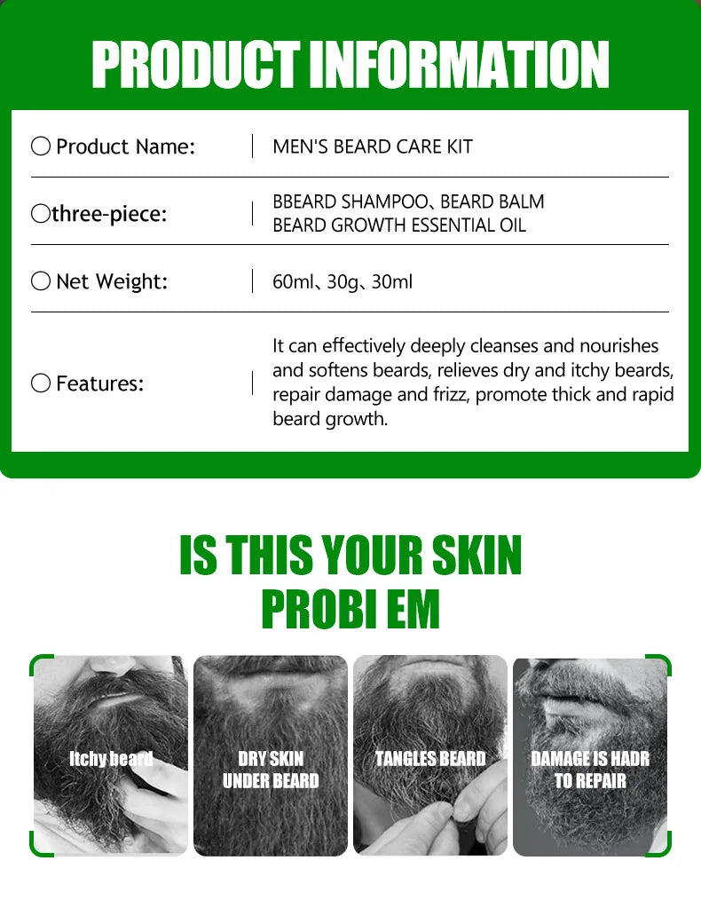Kit de soins de barbe pour hommes, ensemble de 3 pièces, crème pour barbe, ensemble combiné de lavage à l'huile, ensemble de soins du visage